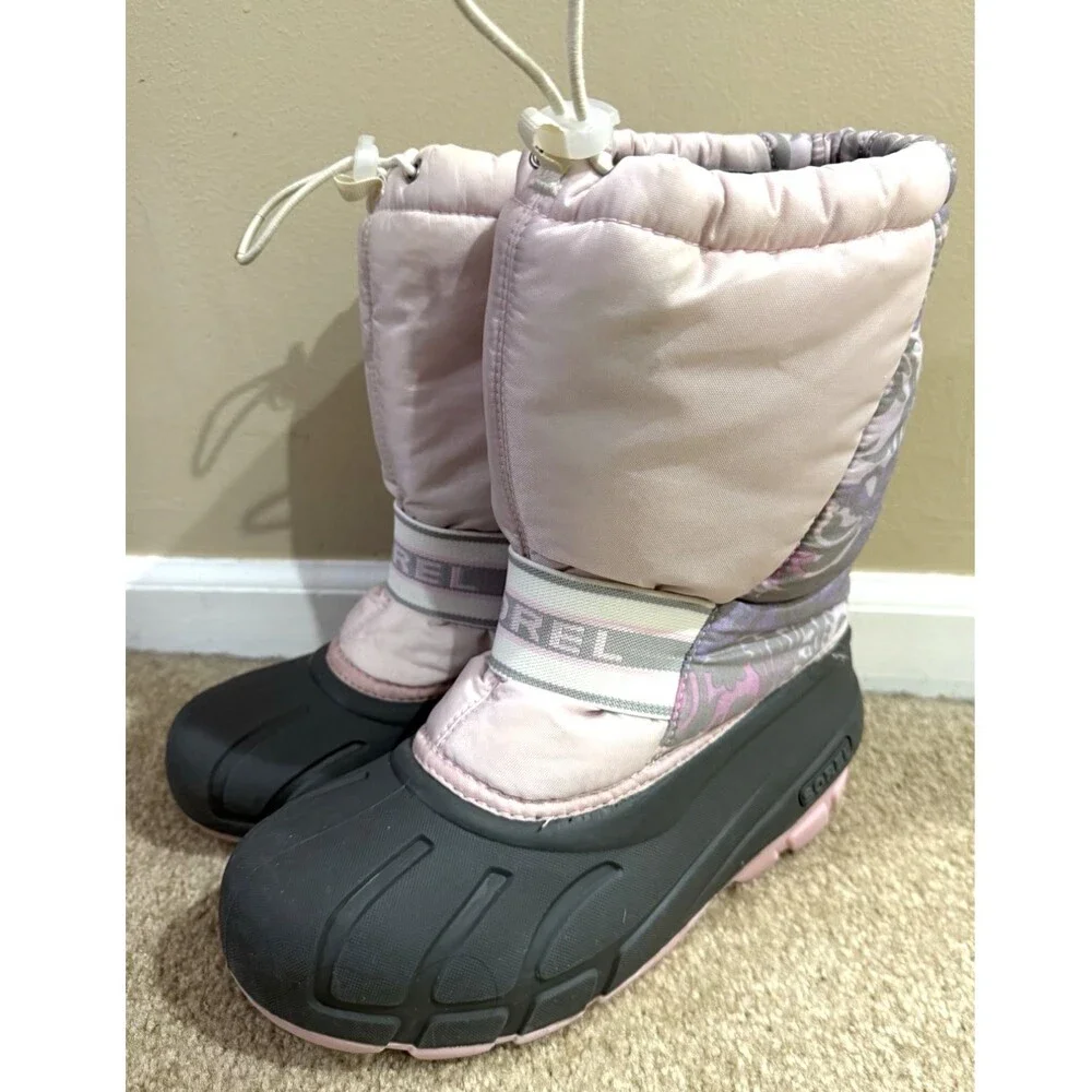 Sorel Girls 6Y Snow Boots Pink Floral Waterproof Winter Rubber Insulated Boot